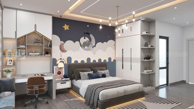 Bàn học liền tủ trong phòng ngủ hiện đại nhà chị Thúy