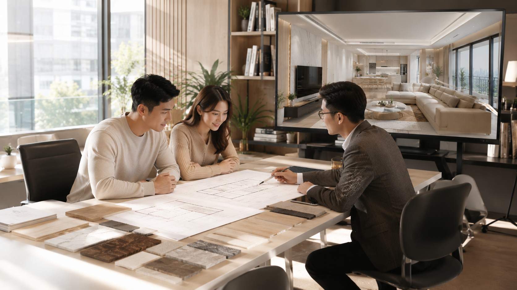 Kiến trúc sư Nội Thất Hùng Dũng tư vấn phương án thiết kế nội thất chung cư và trình bày bản vẽ phối cảnh 3D cho khách hàng.
