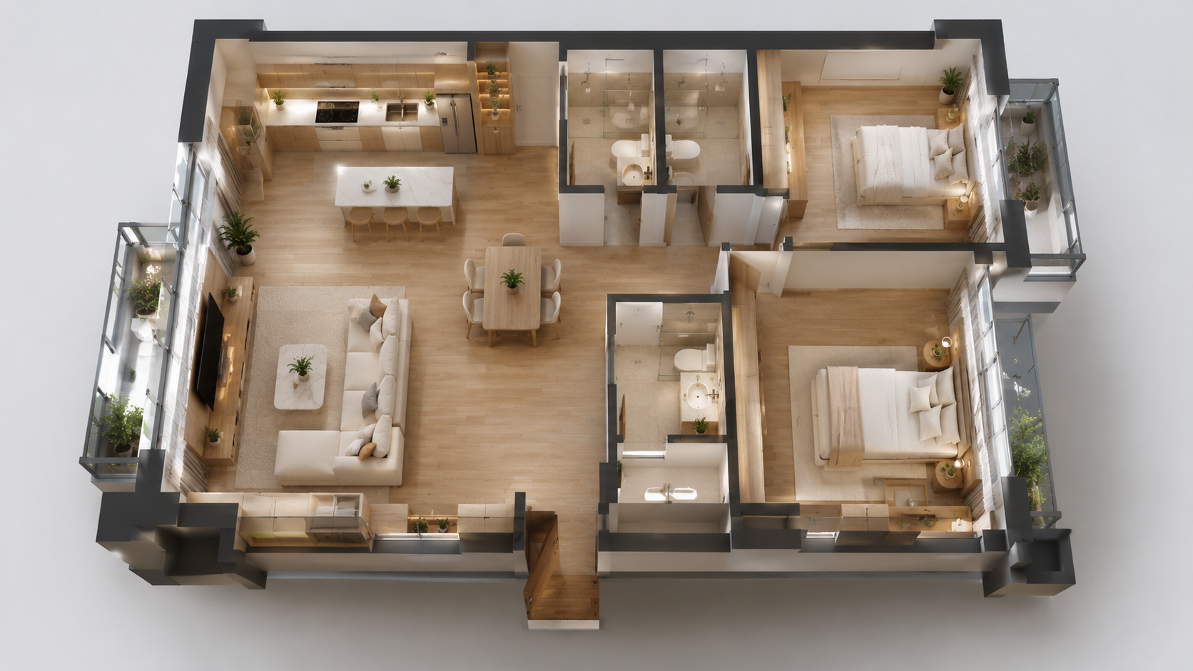 Phối cảnh mặt bằng 3D thiết kế nội thất chung cư hiện đại với phòng khách, bếp, hai phòng ngủ và không gian được tối ưu công năng.