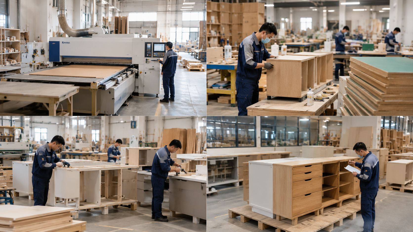 Xưởng sản xuất nội thất hiện đại với máy CNC và đội ngũ kỹ thuật gia công nội thất theo bản vẽ thiết kế.