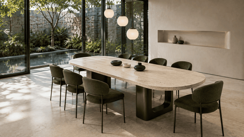 Mẫu bàn ăn 8 ghế mặt travertine cho phòng ăn biệt thự