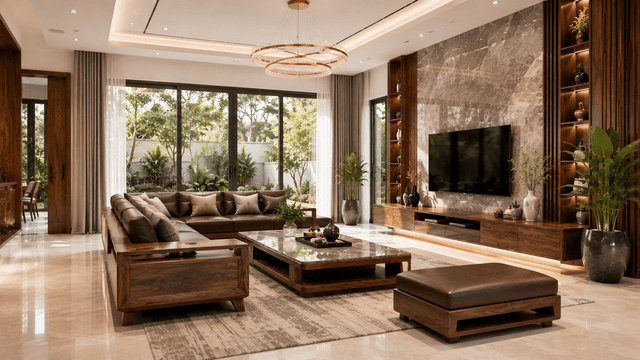 Bộ sofa gỗ tự nhiên được bố trí cân đối trong phòng khách