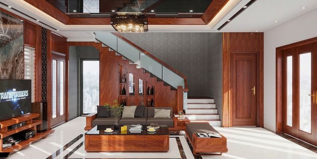 Cầu thang gỗ tự nhiên biệt thự Đông Anh Hà Nội