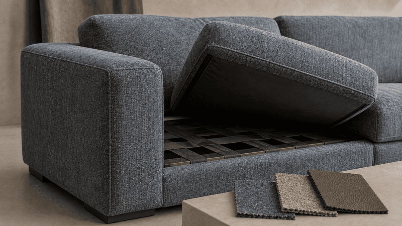 Chi tiết vải bọc, đệm ngồi và kết cấu sofa hiện đại