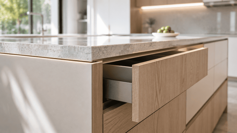 Chi tiết thi công nội thất trọn gói tại vị trí tiếp giáp giữa gỗ, đá, kim loại và phụ kiện