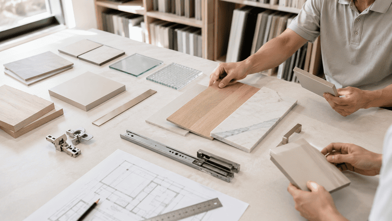 Duyệt mẫu gỗ, đá, kính và phụ kiện trong quy trình thi công nội thất