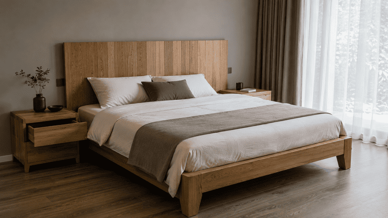 Giường gỗ sồi minh họa kinh nghiệm chọn gỗ tự nhiên khi thi công nội thất