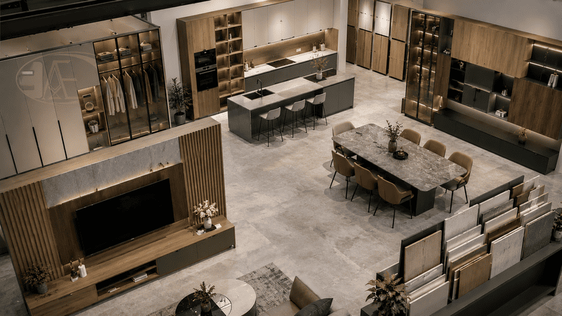 Không gian nội thất hiện đại sử dụng gỗ công nghiệp cao cấp với bề mặt Melamine và Laminate
