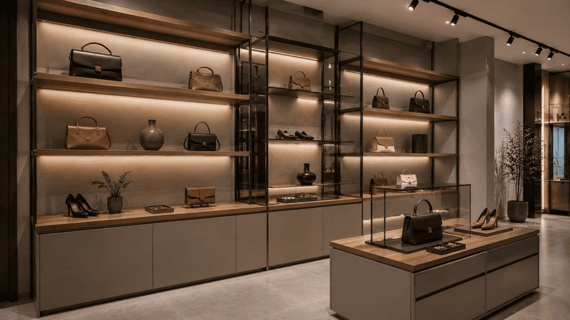 Hệ kệ trưng bày trong thi công nội thất showroom chuyên nghiệp