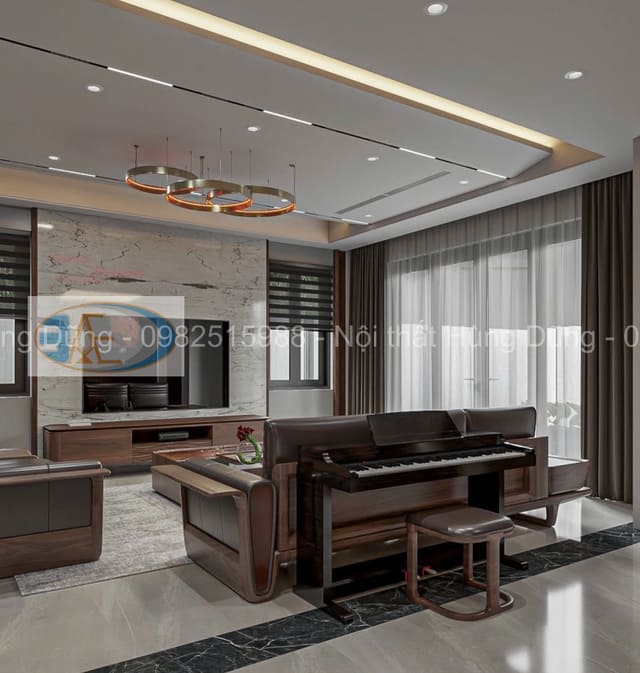 Kệ tivi kết hợp đá tự nhiên trong công trình thi công nội thất nhà chị Thúy Thái Nguyên