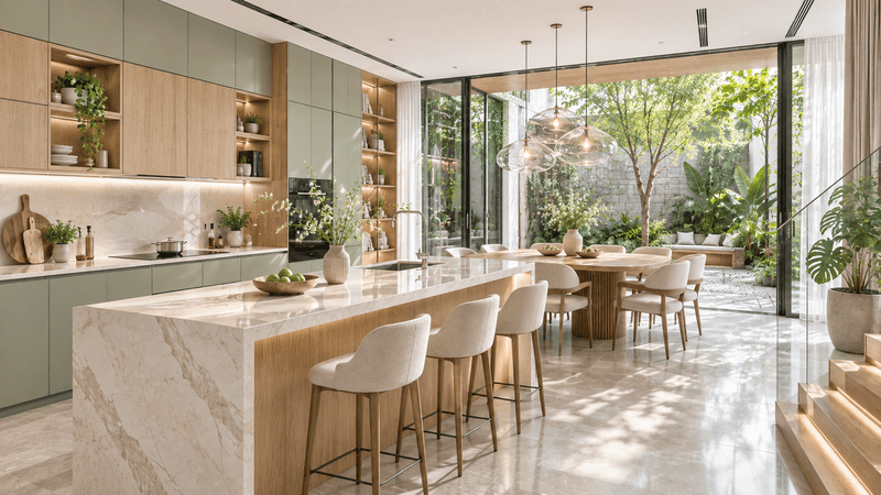  Xu hướng thiết kế nội thất hiện đại với bếp và phòng ăn mở kết nối ánh sáng tự nhiên
