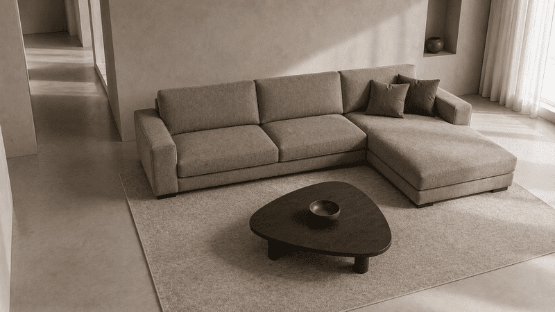Sofa chữ L với hướng chaise phù hợp lối đi phòng khách