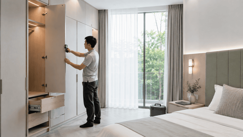 Kỹ thuật viên kiểm tra sản phẩm trước khi nghiệm thu thi công nội thất