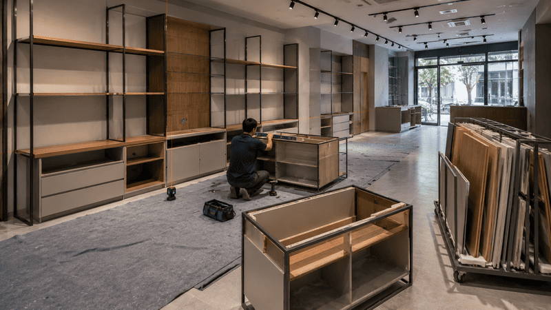 Kỹ thuật viên lắp đặt quầy kệ trong quá trình thi công nội thất showroom