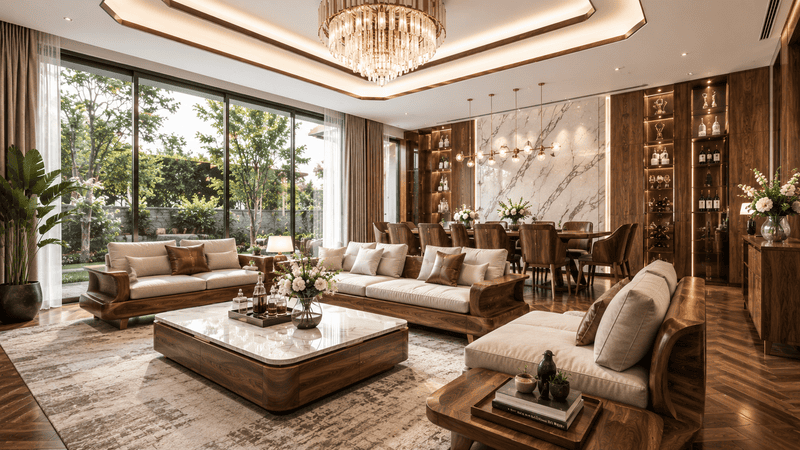 Sofa, bàn ăn và hệ tủ nội thất cao cấp trong không gian hiện đại