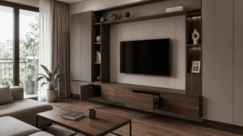 Nội thất gỗ MDF hoàn thiện thực tế với hệ tủ TV MDF phủ Melamine