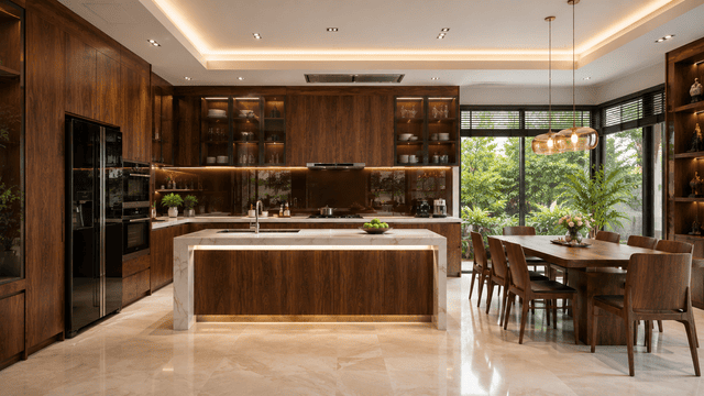 Không gian phòng bếp được bố trí hợp phong thủy và tối ưu công năng