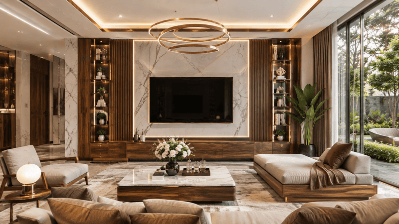 Không gian nội thất phong cách Modern Luxury sử dụng gỗ và đá tự nhiên