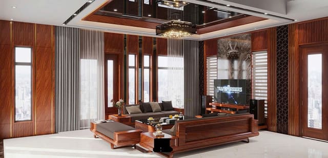Phòng khách biệt thự Đông Anh Hà Nội sử dụng nội thất gỗ tự nhiên cao cấp
