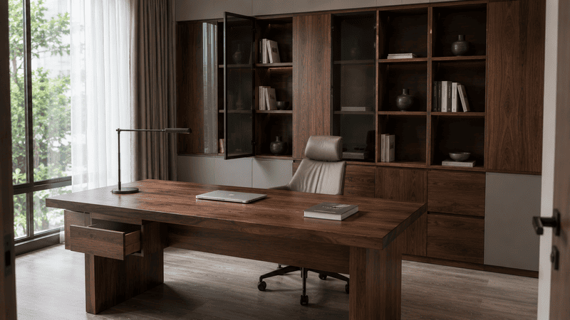 Phòng làm việc hoàn thiện sau thi công nội thất gỗ óc chó