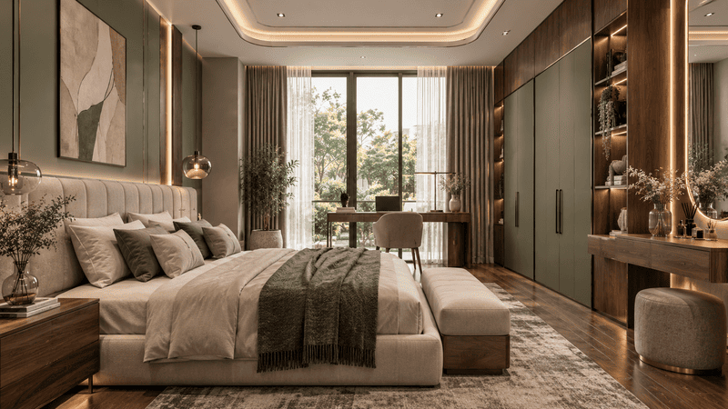 Phòng ngủ hiện đại sử dụng gỗ tự nhiên và ánh sáng dịu nhẹ