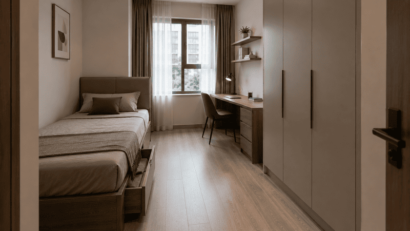 Phòng ngủ thứ hai chung cư bố trí giường, tủ áo và bàn làm việc tối ưu không gian