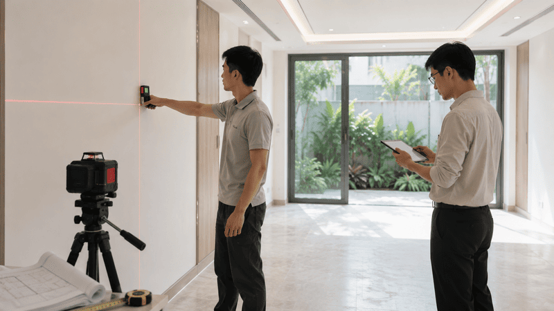 Quy trình thi công nội thất bắt đầu từ khảo sát và đo đạc hiện trạng công trình