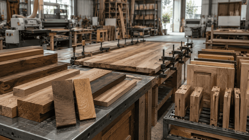 Thi công gỗ tự nhiên tại xưởng với phôi walnut, oak và cấu kiện đang gia công