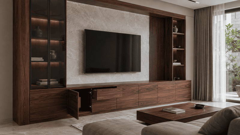 Thi công nội thất gỗ óc chó với hệ kệ TV và tủ walnut tự nhiên