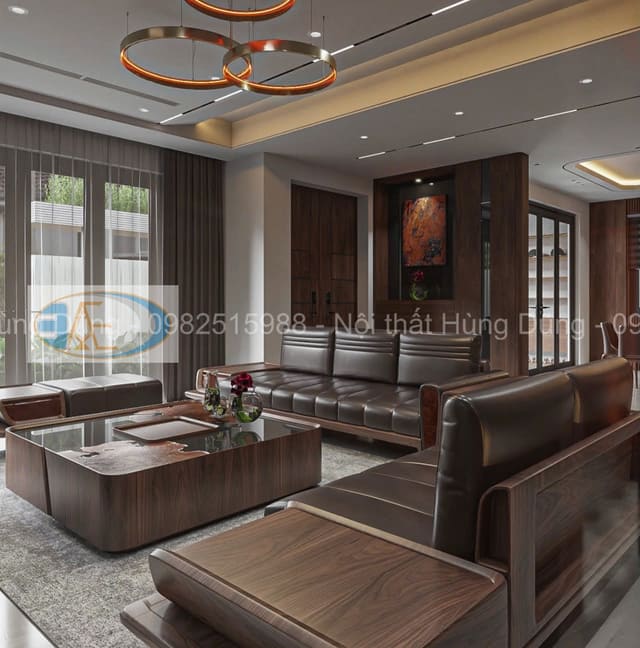 Thi công nội thất nhà chị Thúy Thái Nguyên với phòng khách hiện đại sử dụng sofa gỗ óc chó và không gian sang trọng