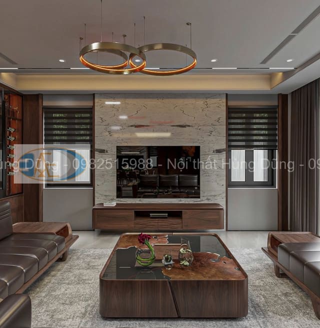 Thi công nội thất nhà chị Thúy Thái Nguyên với phòng khách hiện đại sử dụng gỗ tự nhiên