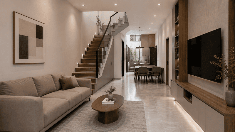 Thi công nội thất nhà phố trọn gói tại Hà Nội với phòng khách, cầu thang và bếp liên thông