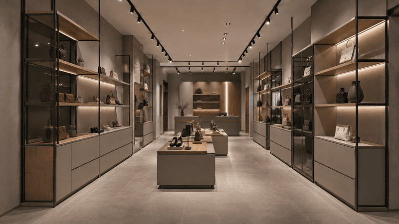 Thi công nội thất showroom chuyên nghiệp với hệ trưng bày và ánh sáng đồng bộ