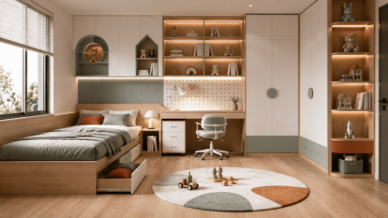 Không gian nội thất hiện đại sử dụng hệ tủ và kệ bằng gỗ MDF phủ Melamine