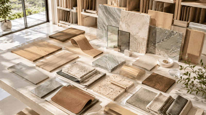 Xu hướng thiết kế nội thất hiện đại với gỗ, đá, kính, kim loại và vải cao cấp
